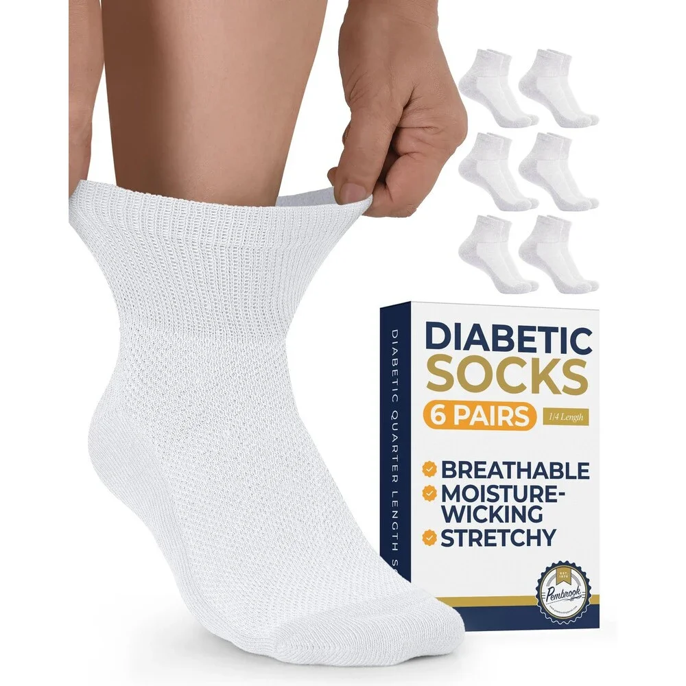 Pembrook Men's White Diabetic Socks Women 6 Pairs Wide Stretch Top Men 9-12 L